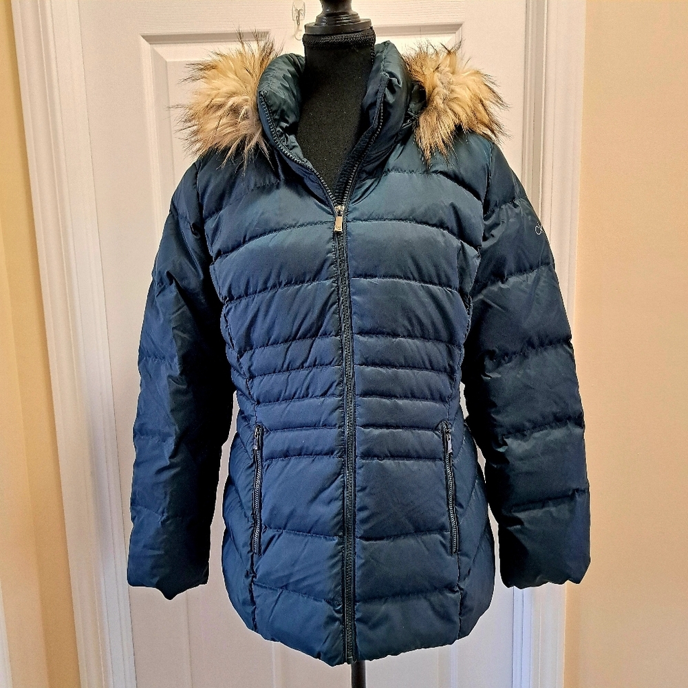 Calvin Klein Blue Puffer Jacket with Faux Fur Hood